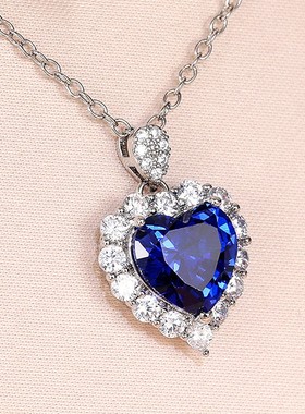 新款亚马逊镶嵌宝蓝色爱心形项链女精致时尚OL气质订婚锁骨链