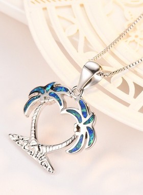 新款跨境欧美亚马逊个性S925两颗蓝色奥宝椰子树吊坠简约百搭项链