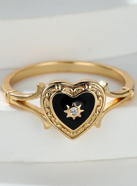 新款时尚金色暗黑哥特风黑色珐琅心形戒指滴油轻奢情侣指环