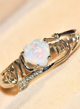 新款跨境饰品白金蓝紫白色澳宝镂空MOM母亲节百搭戒指