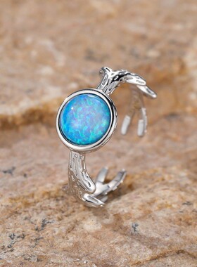 新款跨境时尚通勤白金边镶澳宝圆澳宝树枝开口戒指