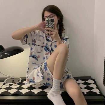 V Stitch Internet celebrity pajamas ຊຸດ summer ຂອງແມ່ຍິງໃນສະບັບພາສາເກົາຫຼີງາມແລະຫວານກາຕູນນັກສຶກສາຍີ່ປຸ່ນເຄື່ອງນຸ່ງຫົ່ມເຮືອນ