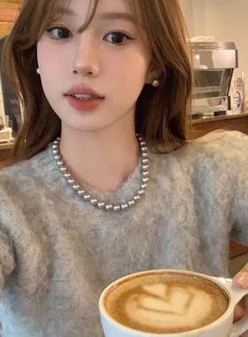 仿灰珍珠项链女2025新爆款轻奢
