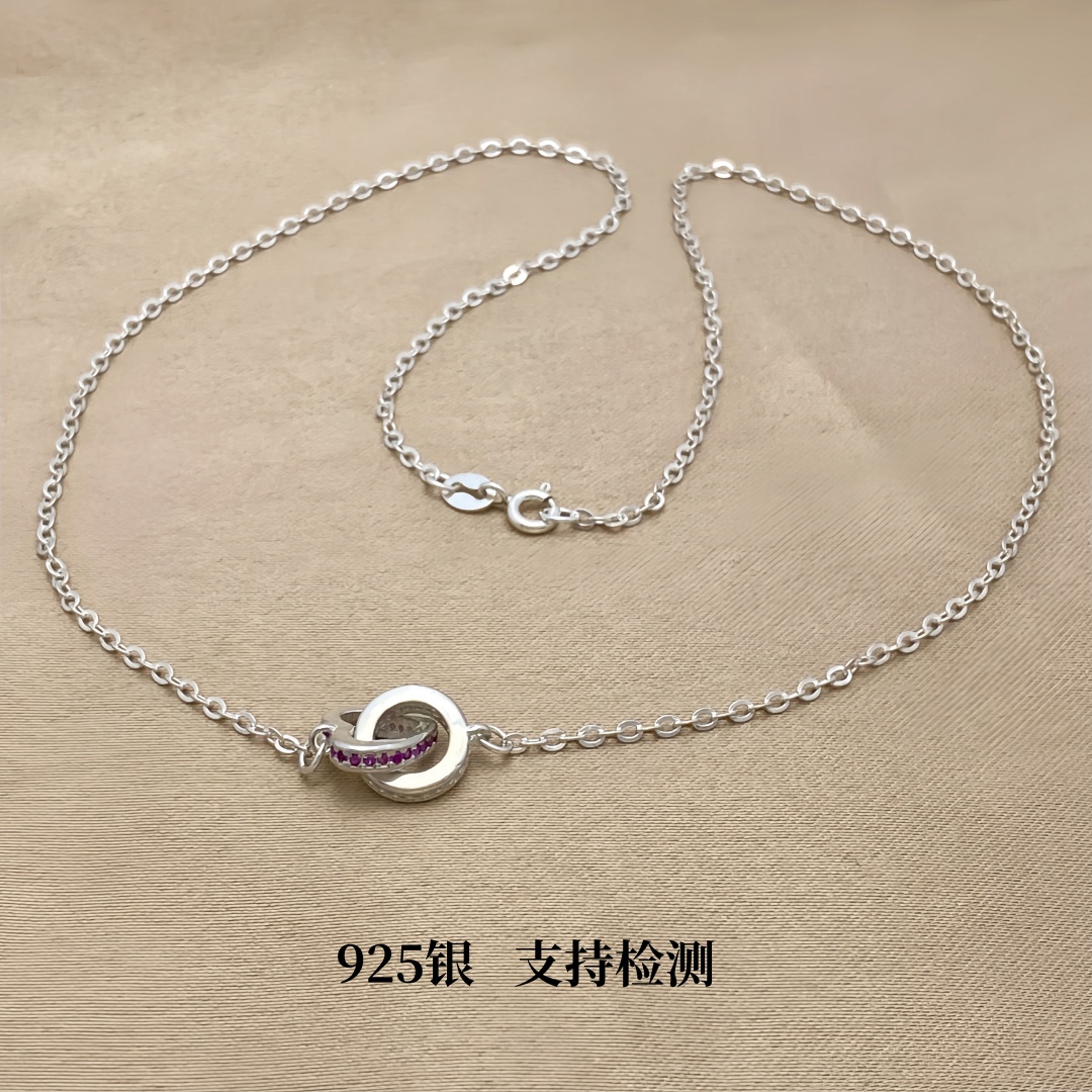 925银微镶爱心项链轻奢时尚锁骨链镶钻心形互扣双环diy连接配件 - 图1