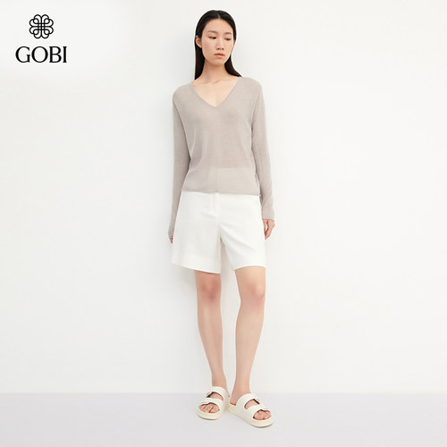 GOBI戈壁秋冬宽松时尚V领薄款羊绒真丝女士针织衫套头毛衣WK753 - 图1