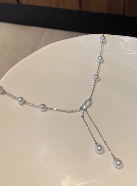 轻奢珍珠蝴蝶结流苏项链小众设计锁骨链轻奢高级感毛衣链吊坠配饰