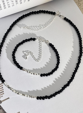 韩版小众设计感黑色玻璃珠串珠颈链碎银子项链韩国简约时髦锁骨链