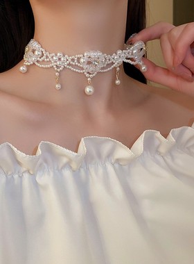 甲状腺手术遮疤链水晶珍珠花朵颈链项链新款轻奢小众锁骨链配饰