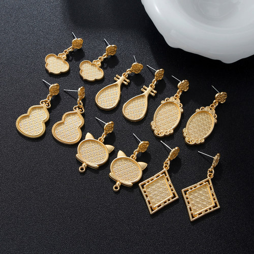 非遗宋锦diy耳钉几何图案祥云纹底托底胚耳环耳饰汉服旗袍配饰品 - 图0