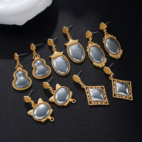 非遗宋锦diy耳钉几何图案祥云纹底托底胚耳环耳饰汉服旗袍配饰品 - 图1