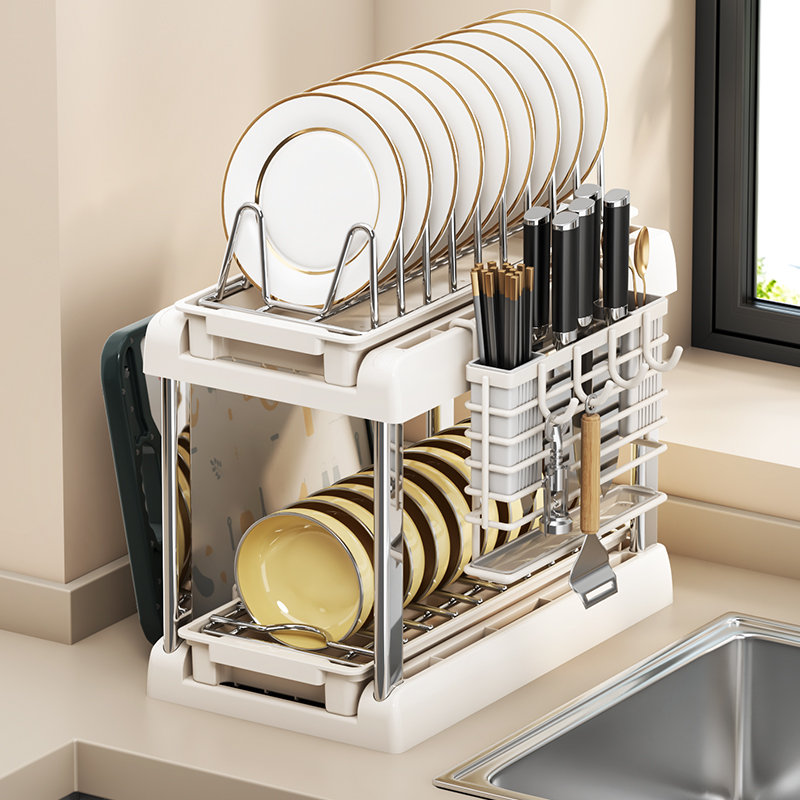 厨房碗碟收纳架橱柜碗架拉篮抽屉式多功能家用碗盘沥水置物架碗架 - 图2