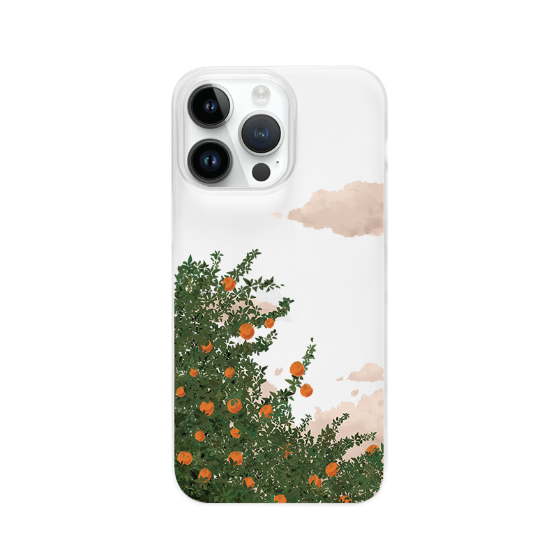 适用于iPhone16超薄磨砂壳15promax夏天云边桔子树14promax透明壳苹果13文艺小清新16promax小众插画风手机壳