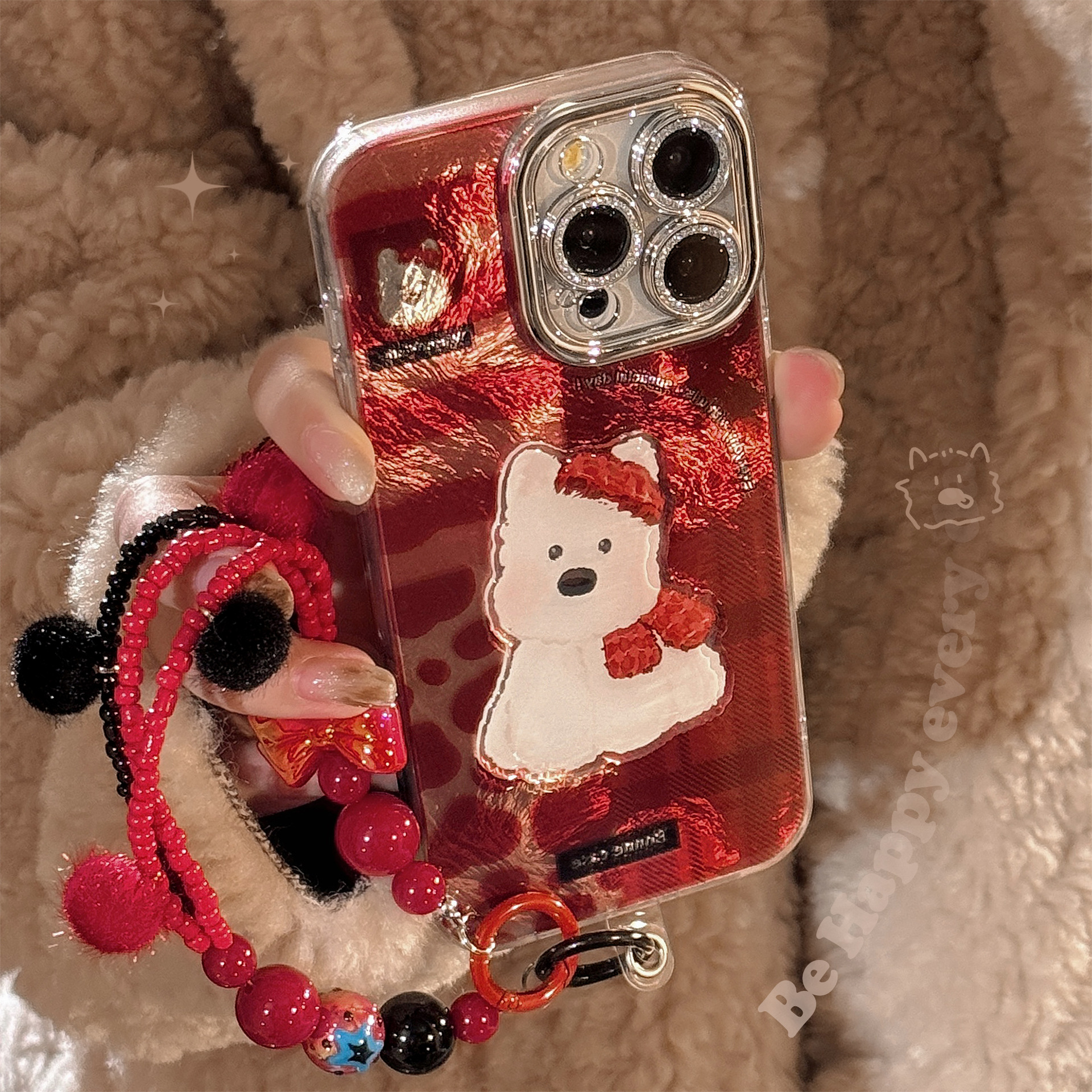 韩系可爱西高地狗狗适用16promax新年红色手机壳16Pro镜头保护iPhone15秋冬豹纹14promax毛绒挂绳13Pro保护套