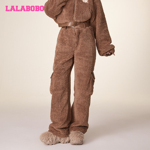 LALABOBO2023冬季新款潮可爱芥末熊口袋毛绒休闲裤女|LBCD-WXZC16 - 图1