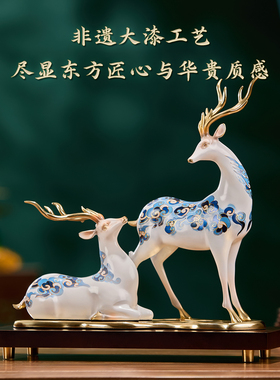 大铜世家大漆青花情侣对鹿摆件