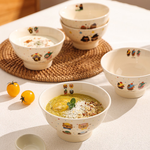 高温釉下彩饭碗5寸喝汤小碗陶瓷高脚亲子碗可爱卡通米饭碗沙拉碗 - 图2