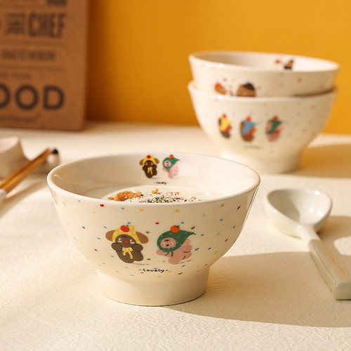 高温釉下彩饭碗5寸喝汤小碗陶瓷高脚亲子碗可爱卡通米饭碗沙拉碗 - 图1
