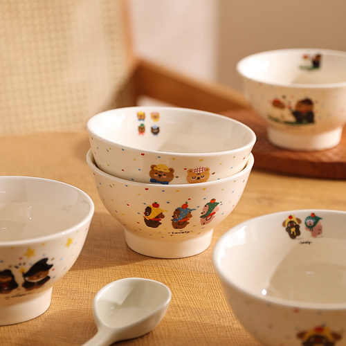 高温釉下彩饭碗5寸喝汤小碗陶瓷高脚亲子碗可爱卡通米饭碗沙拉碗 - 图0