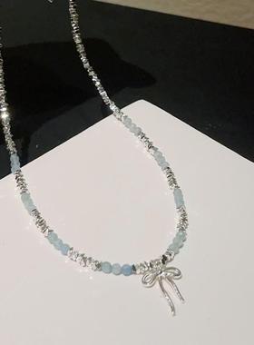 2025新款飘带蝴蝶结碎银项链女清新蓝色天然海蓝宝甜美串珠锁骨链