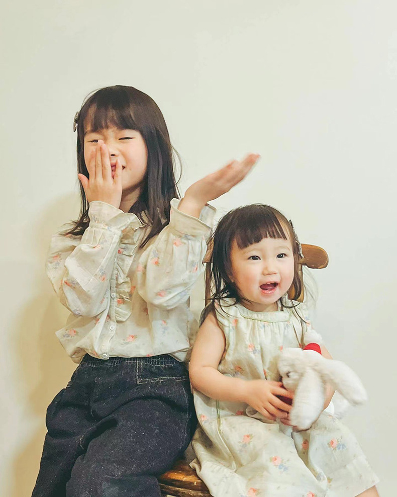 2023iNS爆款女童caramel玫瑰花荷叶边衬衣无袖裙婴儿长袖衫灯笼裤 - 图0