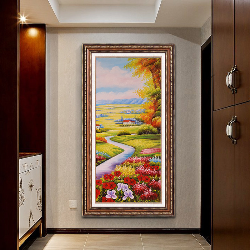 美式玄关山水画欧式风景油画竖版入户进门走廊挂画复古大气壁画