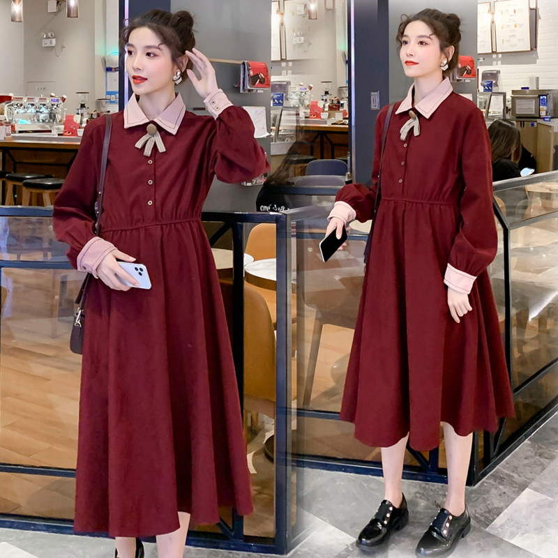 孕妇秋装气质翻领灯芯绒秋冬连衣裙 纤妃诗连衣裙