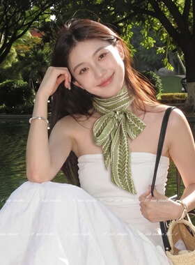 森系绿叶花纹长条丝巾项链女颈链