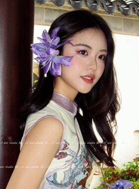新中式氛围感紫色花朵发夹头花女