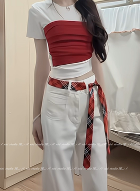 韩版红色格子腰带气质腰间领带