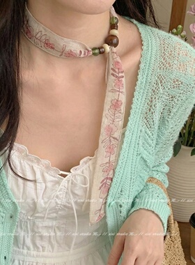法式粉色花朵丝巾项链抽拉式颈带