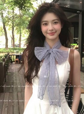 清冷感蓝色波点长条丝巾飘带女