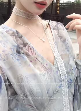 纯欲风白色蕾丝颈链长条丝巾颈饰