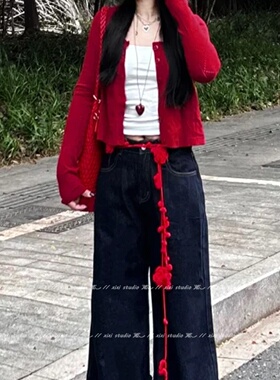 美式红色玫瑰花朵腰链针织腰绳