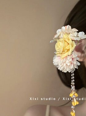黄色玫瑰花朵发夹珍珠流苏侧边夹
