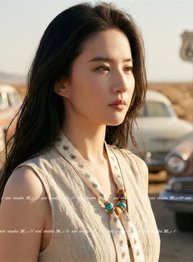 公路风米色腰果花串珠丝巾项链