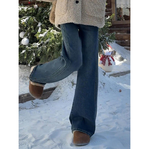 高腰阔腿牛仔裤梨形身材专用 秋季大码加绒牛仔长裤胖MM显瘦推荐 - 图1