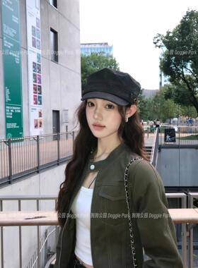 复古纽扣马术帽子女气质风韩系百搭显脸小古着感平顶帽时尚潮流帽