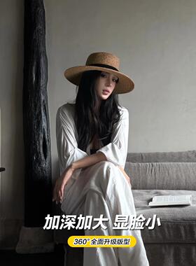 手工钩织大头围草帽法式编织镂空平顶老钱风礼帽高级感轻奢大码