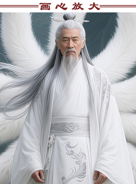 胡三太爷太奶画像白色九尾狐挂画家用客厅装饰画出马堂口卷轴画