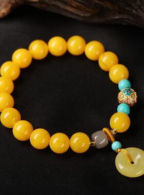 沧岚普陀赐福时来运转蜜蜡绿松石手串女马年招财进宝平安扣手链a9
