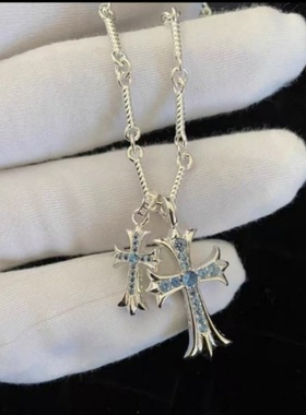 适用克罗心潮双十字架项链925银镀22K镶钻吊坠别针笑脸锁骨链跨境