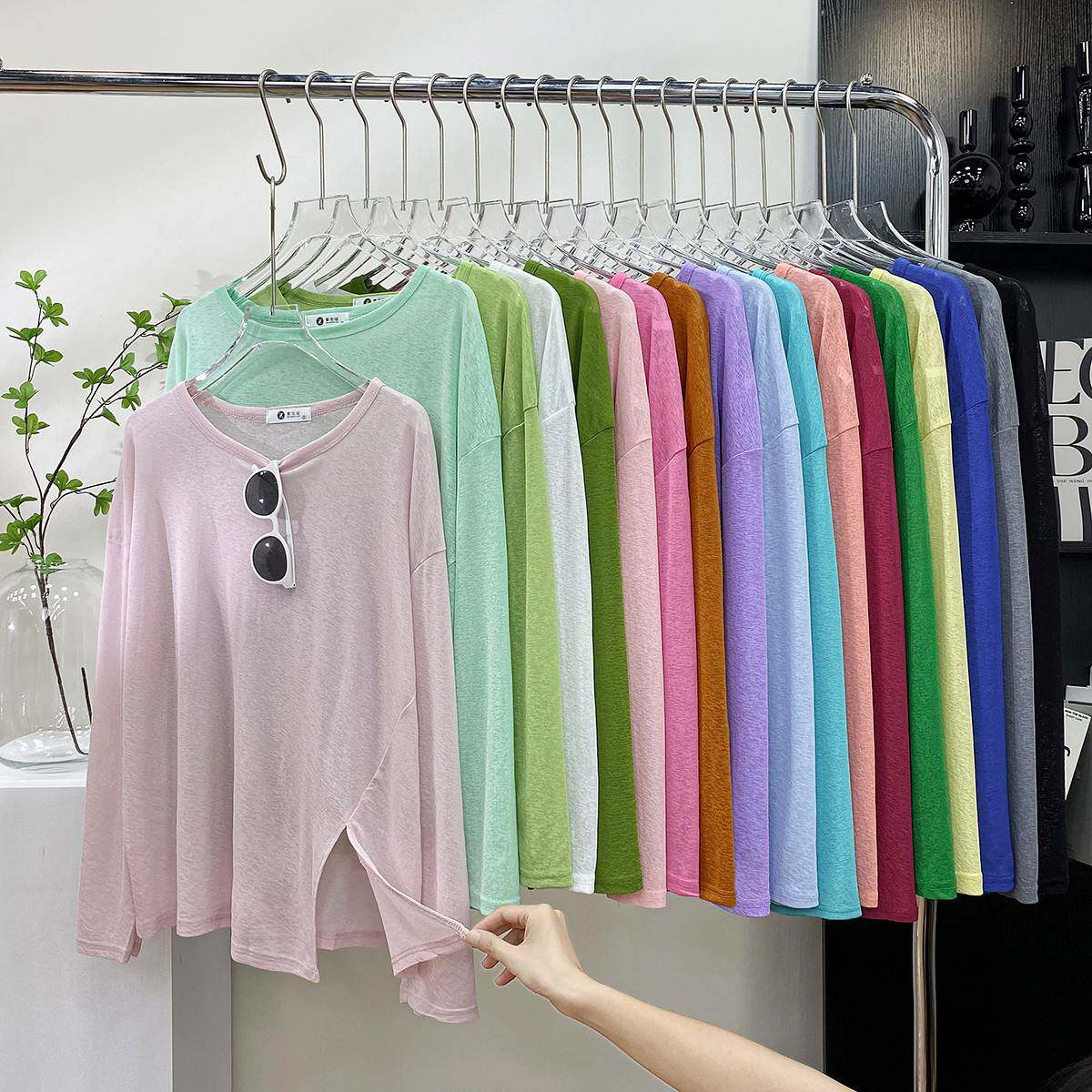 糖果色侧开叉冰丝麻长袖防晒T恤女夏薄外搭宽松慵懒空调罩衫上衣,淘宝优惠券,粉丝福利购,淘宝优惠卷