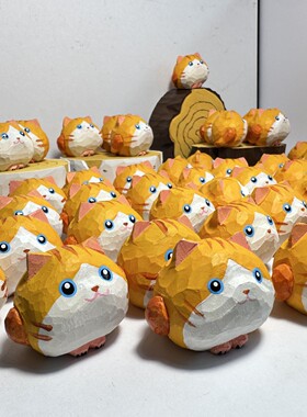 木雕小猫摆件手工雕刻桌面车载礼物饰品简约招财治愈礼物雕刻小猫