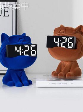 植绒墨镜狗电子时钟摆件桌摆工艺品植绒时钟床头摆件公仔玩具礼品