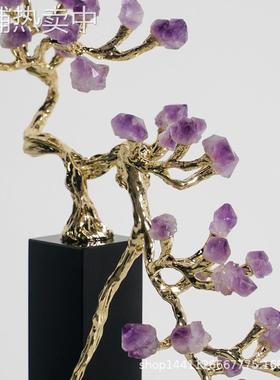 创意轻奢招财树天然水晶石花摆件客厅酒柜玄关桌面家居软装饰品