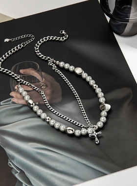 韩版男女嘻哈冷淡风钛钢项链 小众设计感双层叠戴珍珠毛衣链潮流