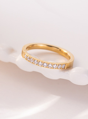 韩版超闪细十钻镶锆电镀钛钢戒指女ins时尚指环百搭不掉色细款