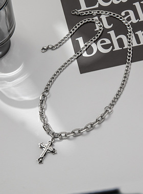 欧美潮流链条拼接镶钻十字吊坠长款钛钢项链 嘻哈ins冷淡风配饰