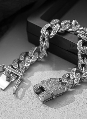 欧美个性满钻古巴手链男士潮嘻哈 ins冷淡风简约情侣手饰配饰