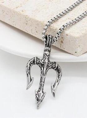 海王三叉戟项链男潮流个性霸气长款毛衣链时尚复古仿泰银叉子嘻哈